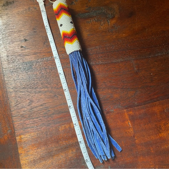 Beaded Blue Suede Leather Fringe Native Style Keychain - Picture 3 of 5